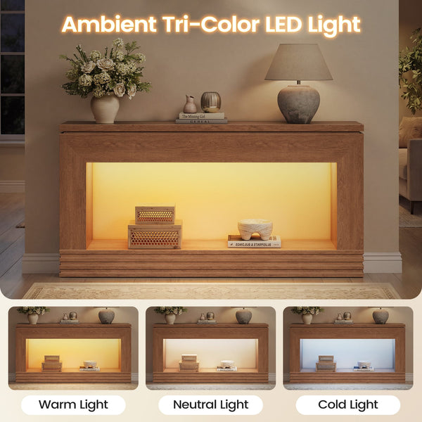 Sikaic LED Console Table with Double-Tier Design Walnut for Entryway