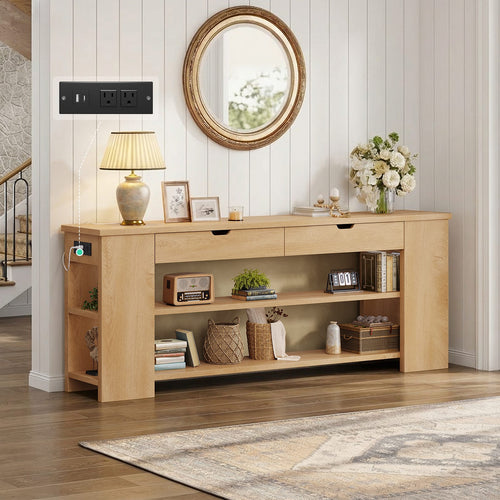 Sikaic Console Table 71.8 inch Extra Long Console Table with Shelves & Built-In Outlets Natural Natural / Engineered Wood / Farmhouse