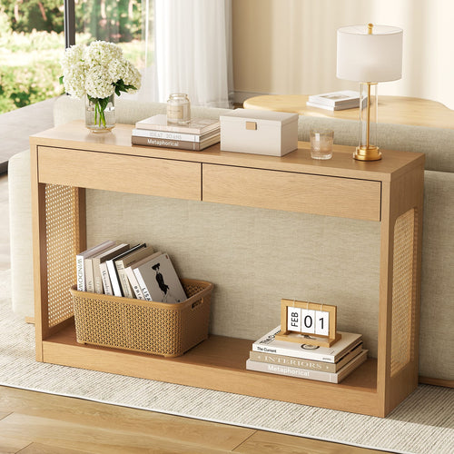 Sikaic Console Table Sikaic Rattan Console Table with Dual Drawers Natural Oak Natural / Engineered Wood / Modern