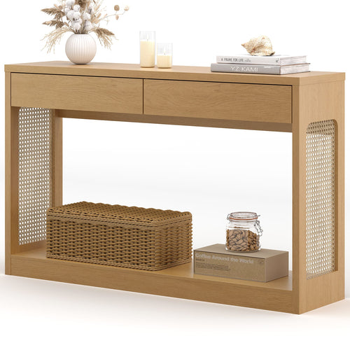 Sikaic Console Table Sikaic Rattan Console Table with Dual Drawers Natural Oak Natural / Engineered Wood / Modern