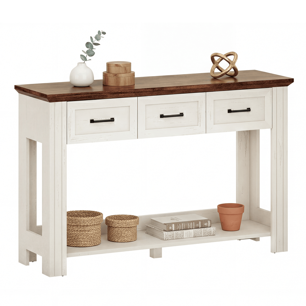 Sikaic Console Table 47 inch Farmhouse Console Table with 3 Drawers White-Brown White / Engineered Wood / Farmhouse