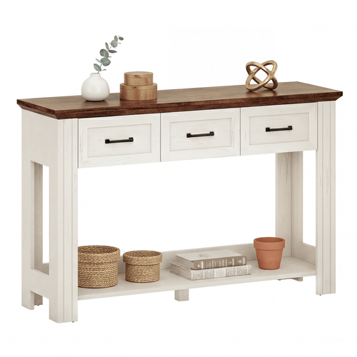 Sikaic Console Table 47 inch Farmhouse Console Table with 3 Drawers White-Brown White / Engineered Wood / Farmhouse