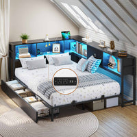 Sikaic Daybeds Full Size LED Daybed with Storage Drawers and Bookcase Headboard Black Black / Engineered Wood / Modern