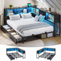 Sikaic Daybeds Full Size LED Daybed with Storage Drawers and Bookcase Headboard Black Black / Engineered Wood / Modern