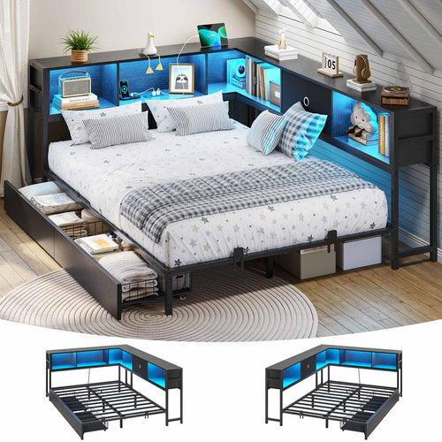Sikaic Daybeds Full Size LED Daybed with Storage Drawers and Bookcase Headboard Black Black / Engineered Wood / Modern
