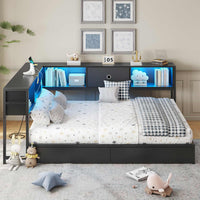 Sikaic Daybeds Full Size LED Daybed with Storage Drawers and Bookcase Headboard Black Black / Engineered Wood / Modern