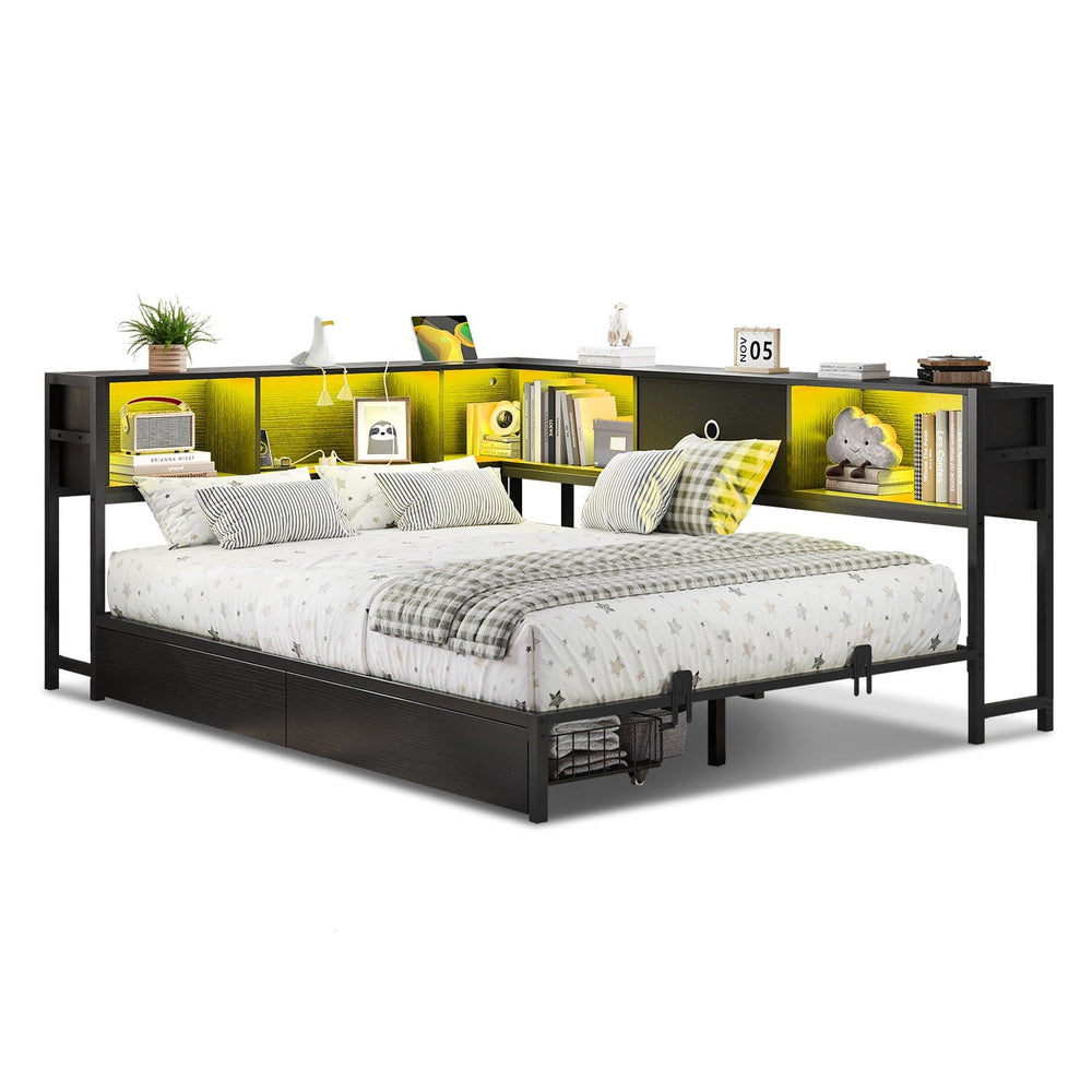 Sikaic Daybeds Full Size LED Daybed with Storage Drawers and Bookcase Headboard Black Black / Engineered Wood / Modern
