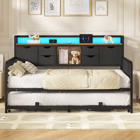 Sikaic Daybeds Twin Daybed with Trundle with Storage Headboard & Charging Station Black Black / Engineered Wood / Modern
