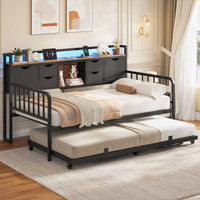 Sikaic Daybeds Twin Daybed with Trundle with Storage Headboard & Charging Station Black Black / Engineered Wood / Modern