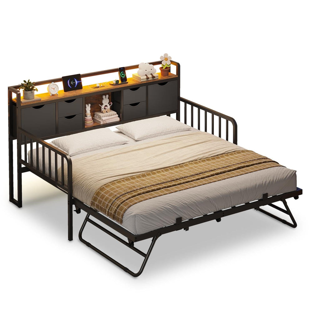 Sikaic Daybeds Twin Daybed with Trundle with Storage Headboard & Charging Station Black Black / Engineered Wood / Modern