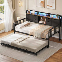 Sikaic Daybeds Twin Daybed with Trundle with Storage Headboard & Charging Station Black Black / Engineered Wood / Modern
