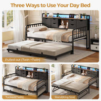 Sikaic Daybeds Twin Daybed with Trundle with Storage Headboard & Charging Station Black Black / Engineered Wood / Modern