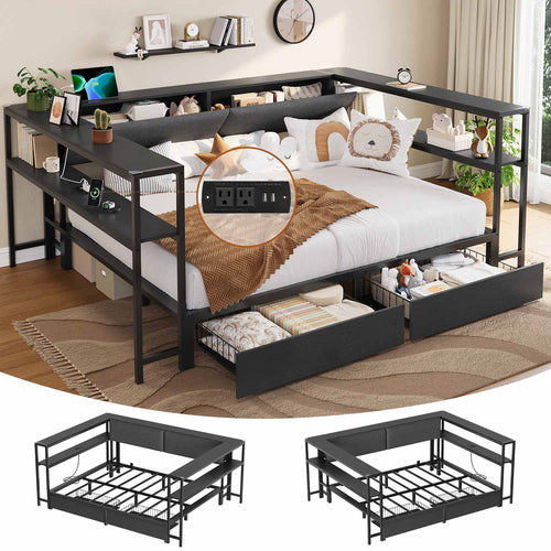 Sikaic Daybeds Full Size Daybeds with Charging Station and Storage Shelves Black Black / Full / Modern