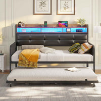 Sikaic Daybeds Twin Daybeds with Trundle and Upholstered Headboard Black Black / Metal / Modern
