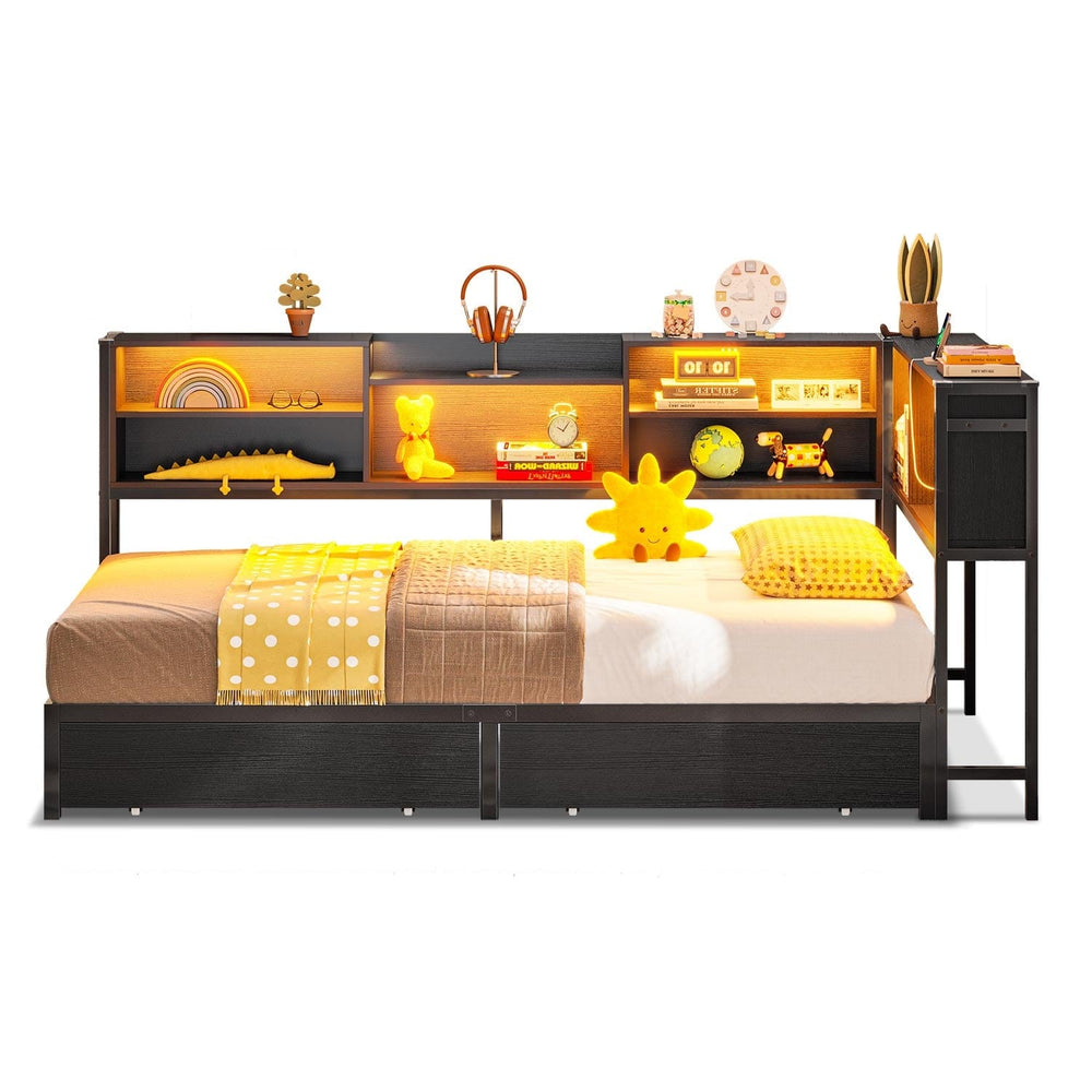 Sikaic Daybeds Twin Size Daybed with Charging Station and LED Lights Black Black / Twin / Modern