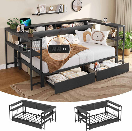 Sikaic Daybeds Twin Size Daybeds with Charging Station and Storage Shelves Black Black / Twin / Modern