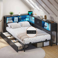 Sikaic Daybeds Twin Size LED Daybed with Storage Drawers and Bookcase Headboard Black Black / Twin / Modern