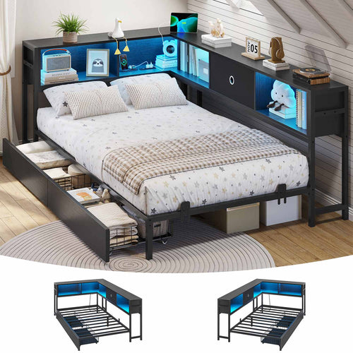 Sikaic Daybeds Twin Size LED Daybed with Storage Drawers and Bookcase Headboard Black Black / Twin / Modern