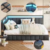 Sikaic Daybeds Full LED Daybed with Line Fabric Upholstered Fence and Charging Station Gray Gray / Full / Modern