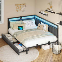 Sikaic Daybeds Full LED Daybed with Line Fabric Upholstered Fence and Charging Station Gray Gray / Full / Modern