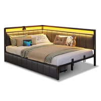 Sikaic Daybeds Full LED Daybed with Line Fabric Upholstered Fence and Charging Station Gray Gray / Full / Modern