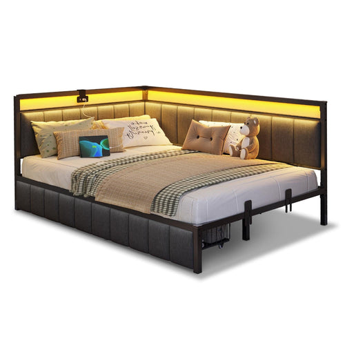 Sikaic Daybeds Full LED Daybed with Line Fabric Upholstered Fence and Charging Station Gray Gray / Full / Modern