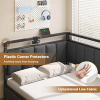 Sikaic Daybeds Twin LED Daybed with Line Fabric Upholstered Fence and Charging Station Gray Gray / Twin / Modern