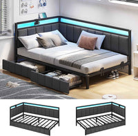 Sikaic Daybeds Twin LED Daybed with Line Fabric Upholstered Fence and Charging Station Gray Gray / Twin / Modern