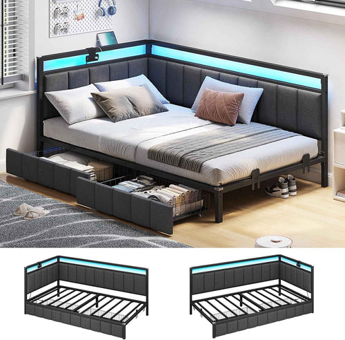 Sikaic Daybeds Twin LED Daybed with Line Fabric Upholstered Fence and Charging Station Gray Gray / Twin / Modern