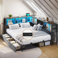 Sikaic Daybeds Twin Size LED Daybed with Storage Drawers and Bookcase Headboard Oak Gray Gray / Twin / Modern