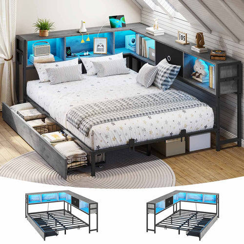Sikaic Daybeds Twin Size LED Daybed with Storage Drawers and Bookcase Headboard Oak Gray Gray / Twin / Modern