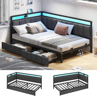 Sikaic Daybeds LED Daybed with Line Fabric Upholstered Fence and Charging Station Grey Grey / Twin / Modern