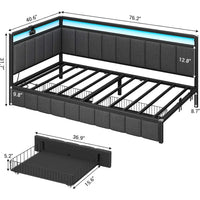Sikaic Daybeds LED Daybed with Line Fabric Upholstered Fence and Charging Station Grey