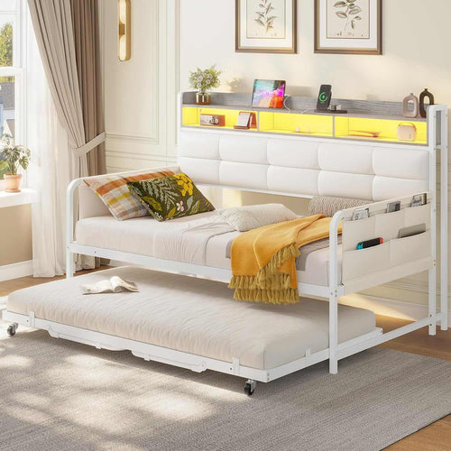 Sikaic Daybeds Twin Daybeds with Trundle and Upholstered Headboard White White / Engineered Wood / Engineered Wood