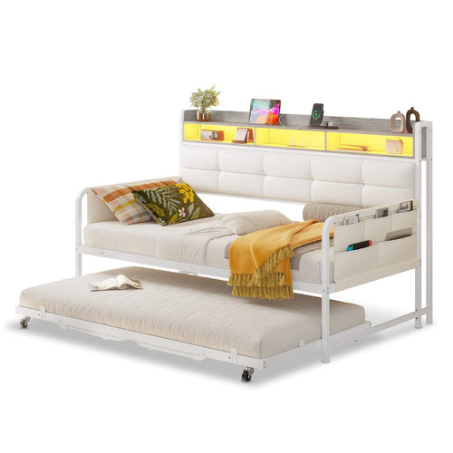 Sikaic Daybeds Twin Daybeds with Trundle and Upholstered Headboard White White / Engineered Wood / Engineered Wood