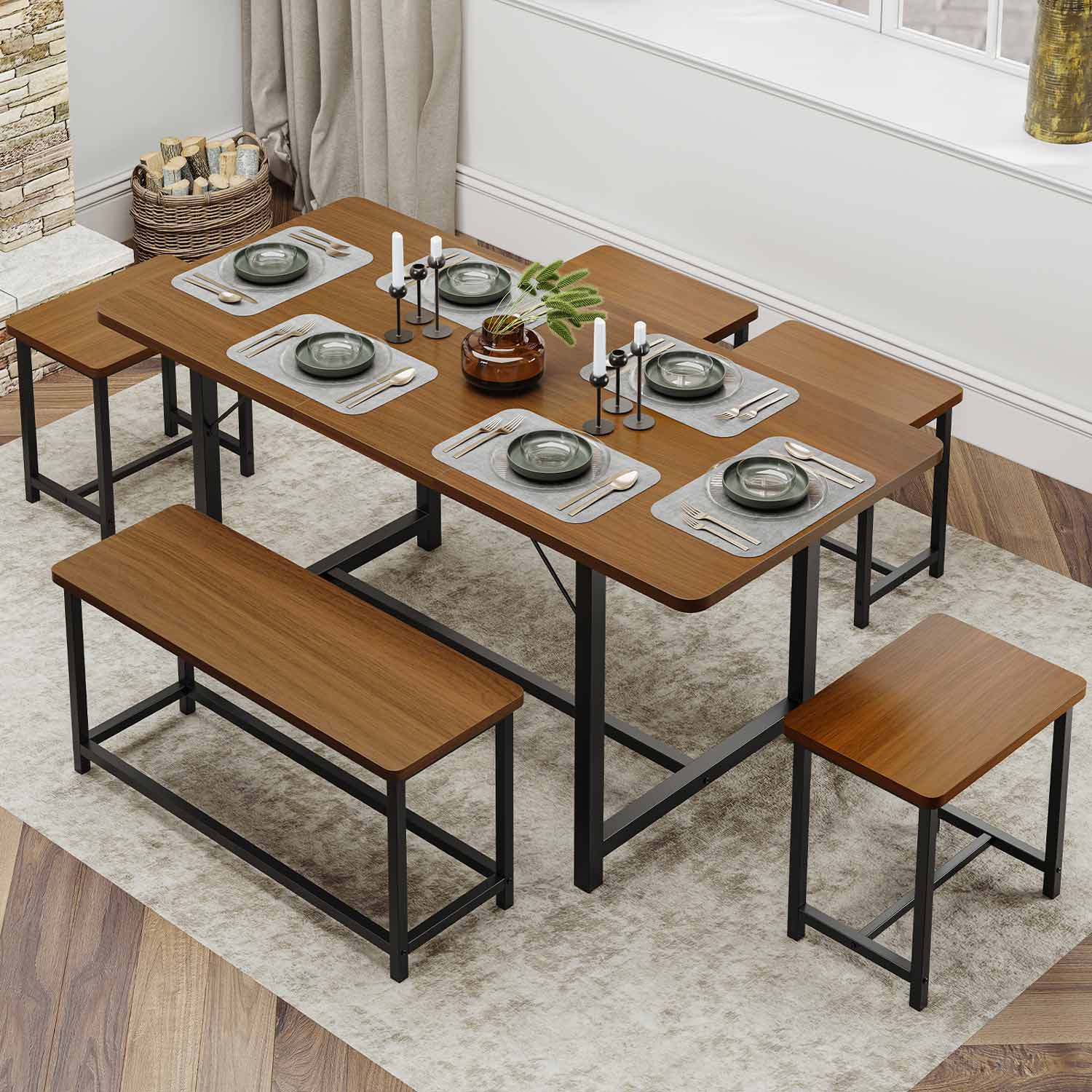 Dj503292 4 6 Piece Dining Table Set for 4 6 People 63 inch Extendable Kitchen Table Walnut Size Small