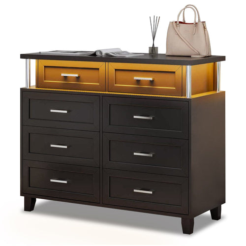 Sikaic Dresser LED 8 Drawers Dresser with Column Design Black Black / Engineered Woo / Modern