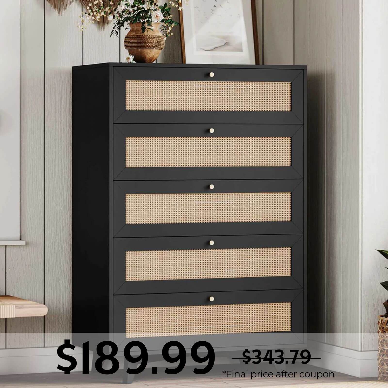 Sikaic Natural Rattan Dresser with 5 Storage Drawers Black Sikaic Natural Rattan Dresser with 5 Storage Drawers Black