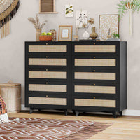 Sikaic Dresser Wooden Tall Dresser with 5 Natural Rattan Drawers and Gold Handles for Nursery Entryway Living Room Black Black / Engineered Wood / Bohemian