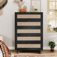 Sikaic Dresser Wooden Tall Dresser with 5 Natural Rattan Drawers and Gold Handles for Nursery Entryway Living Room Black Black / Engineered Wood / Bohemian