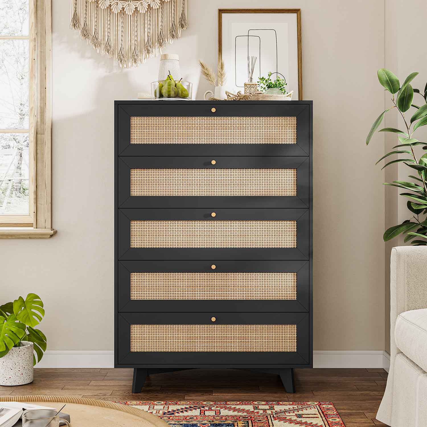 Natural Rattan Dresser with 5 Storage Drawers Black Natural Rattan Dresser with 5 Storage Drawers Black