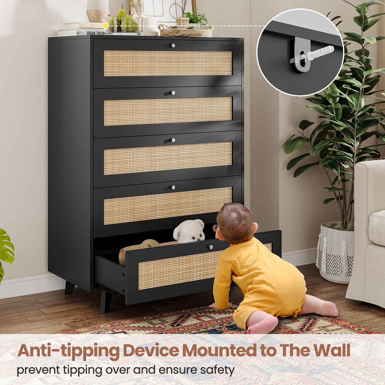 Natural Rattan Dresser with 5 Storage Drawers Black Natural Rattan Dresser with 5 Storage Drawers Black