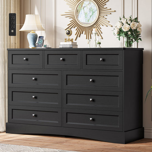 Sikaic Dresser 51.2 inch Wide 9-Drawer Dresser with Charging Station Black Black / Engineered Wood / Farmhouse
