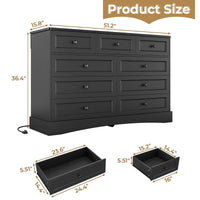 Sikaic Dresser 51.2 inch Wide 9-Drawer Dresser with Charging Station Black Black / Engineered Wood / Farmhouse