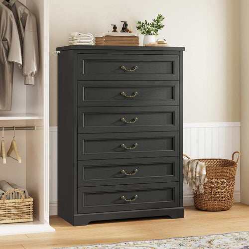 Sikaic Dresser 51.2 Inches Tall Dresser with 6 Large Drawers Black Black / Engineered Wood / Farmhouse