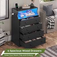 Sikaic Dresser 4 Drawers LED Dresser with Charging Station and Open Space Large Capacity Tall Storage Cabinet Black