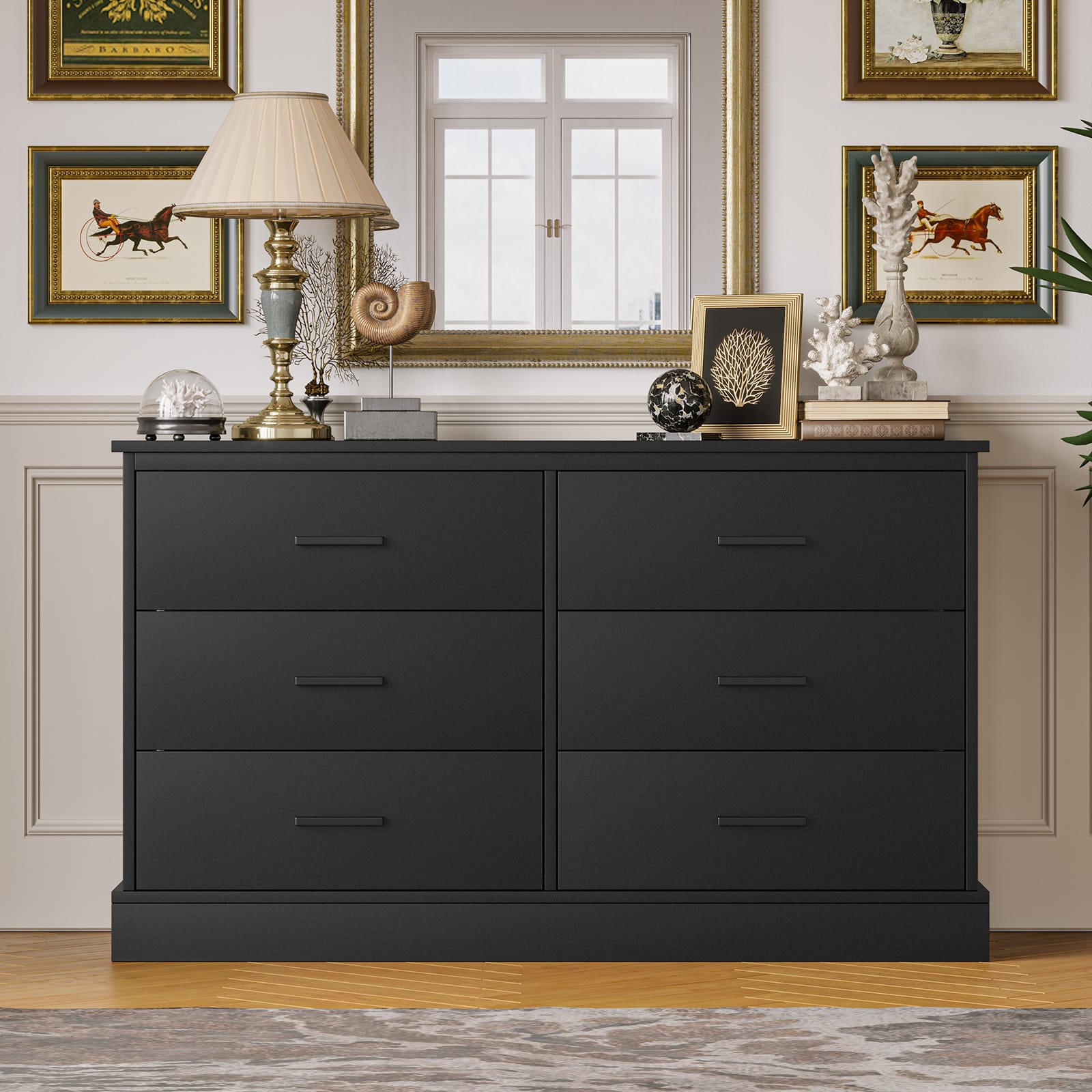 Sikaic Dresser 47.3 inch Wide 6-Drawer Double Dresser Black Modern