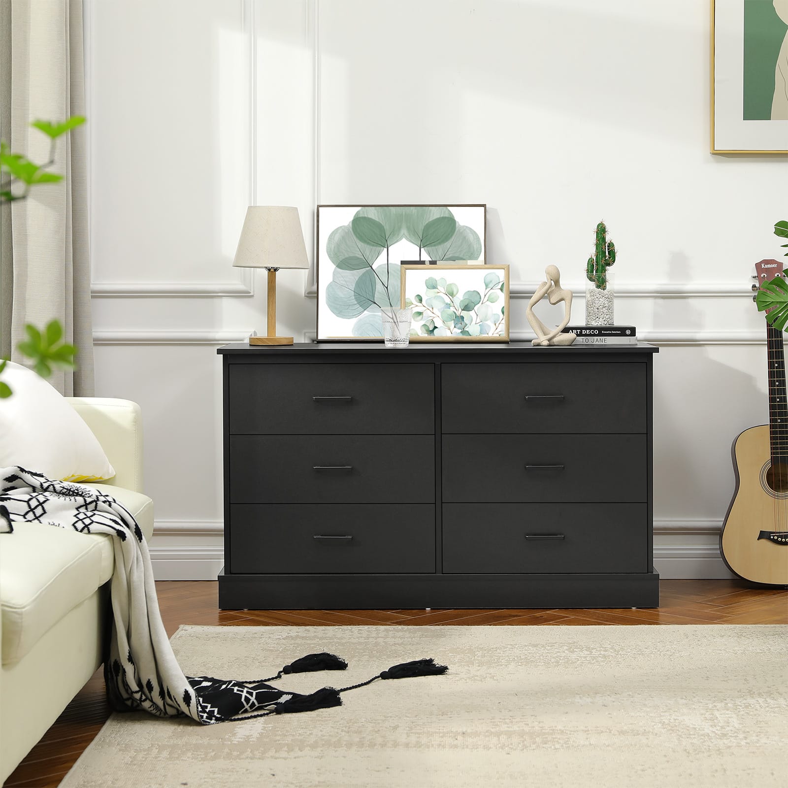 double black dresser 6-Drawer Double Dresser with Shelves, Modern Storage Tower Organizer, Black