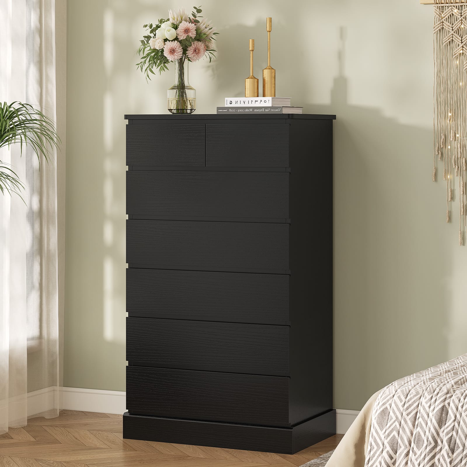 Sikaic Dresser 51.8 inch Tall 7-Drawer Dresser Black Modern