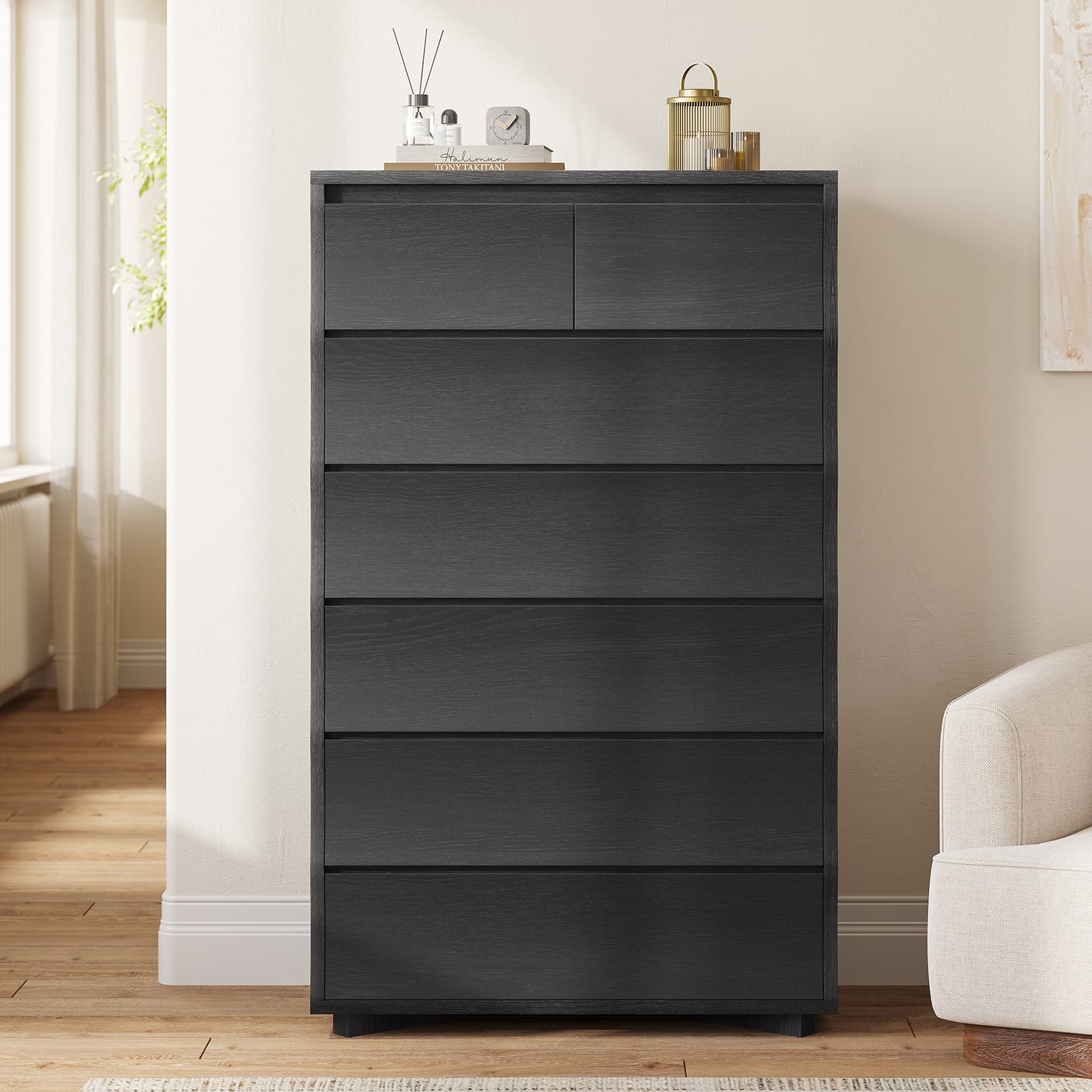52.8 inch Tall 7-Drawer Wave Design Dresser Black